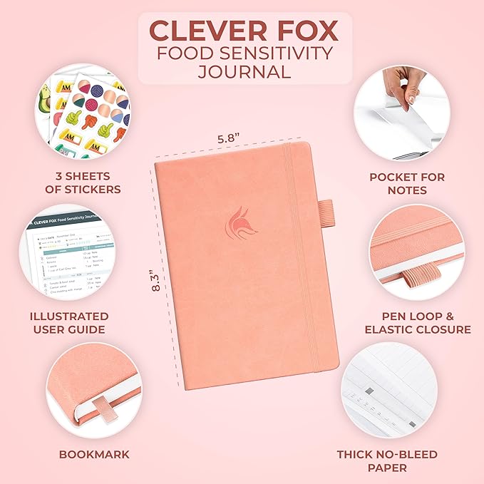 Clever Fox Food Sensitivity Journal – Daily Intolerance & Symptom Log for IBS, Diabetic, Low Fodmap, Elimination Diet – Health Tracker (Peach Pink)
