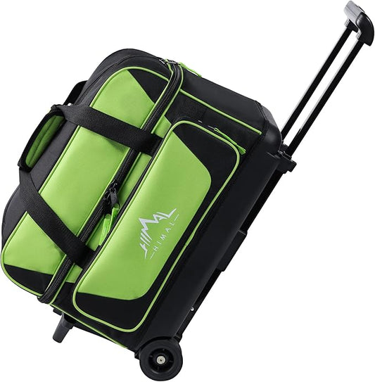 Double Roller 2 Ball Bowling Bag with Separate Shoe Compartment for Bowling Shoes (Up To US Mens Size 15) and Oversized Accessory Pocket, Retractable Handle - Extends to 40"