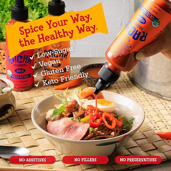 Racha Organics Medium Heat Sriracha Hot Sauce - USDA Organic Sriracha Sauce Made with Estate-Grown Thai Chili Peppers - Low-Sugar, Non-GMO, Gluten Free, Keto Friendly - 10oz - Made in Thailand