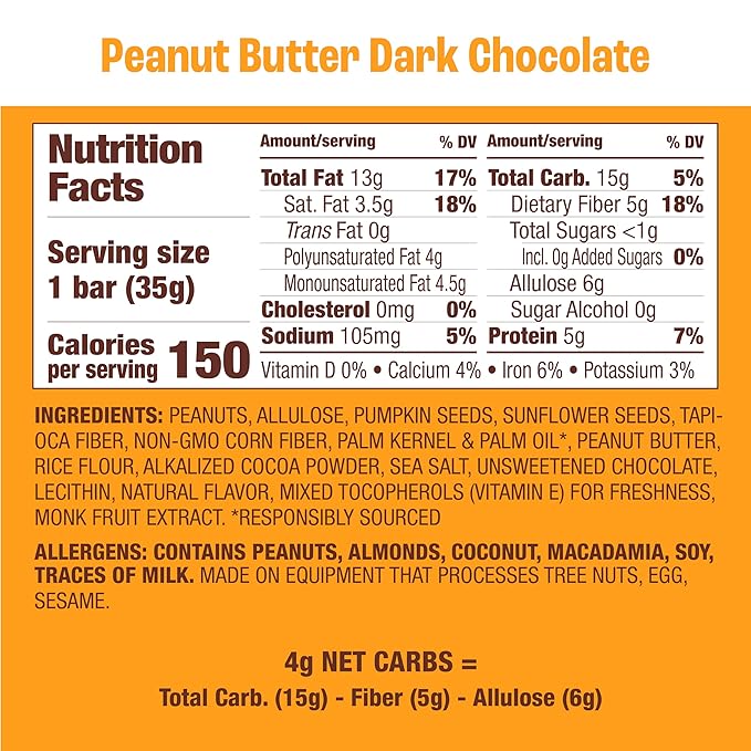 Munk Pack Nut & Seed Snack Bars - 5g Protein, 1g Sugar, 3g Net Carbs, Low Sugar, Keto, and Gluten Free Snack for Adults and Kids, Peanut Butter Dark Chocolate – 4.92 oz, 12 Pack