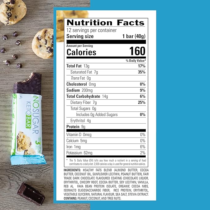No Sugar Keto Bar Snack - Low Carb No Sugar Keto Snack Food with Keto Friendly Macros (12 x 1.41oz Bars, Chocolate Chip Cookie Dough)