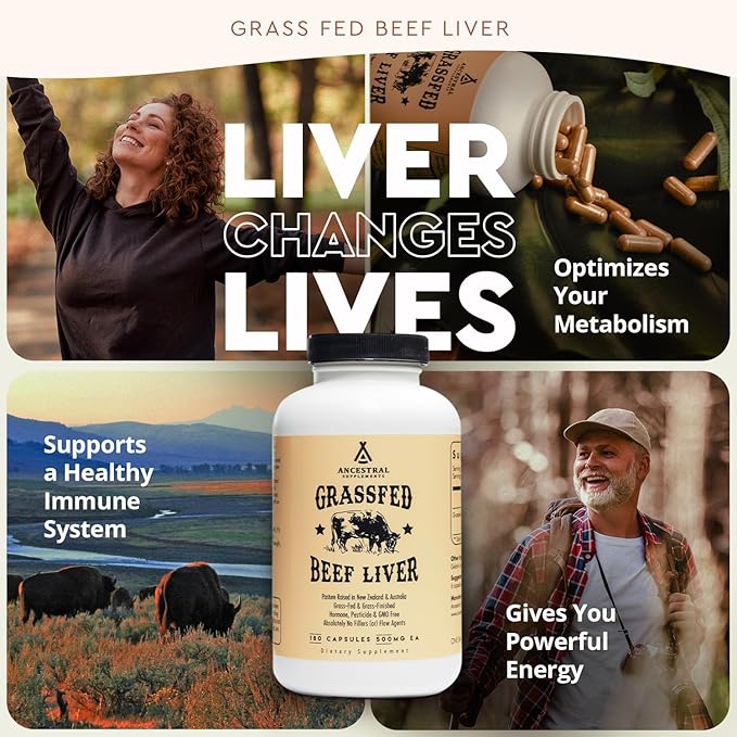 Ancestral Supplements Grass Fed Beef Liver 180 Capsules, Supports Energy Production, Detoxification, Digestion, Immunity and Full Body Wellness, Non-GMO, Freeze Dried Liver Health Supplement