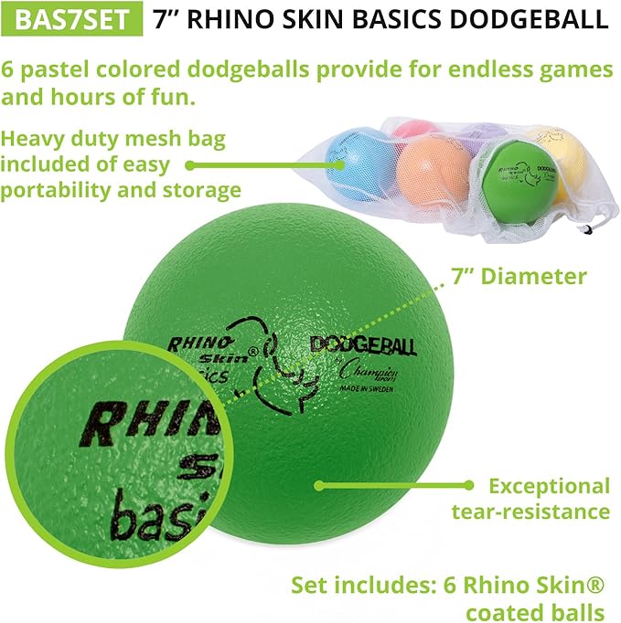 Champion Sports Rhino Skin Dodgeball Set – 6 Soft Foam Dodgeballs with Tear-Resistant Coating, Grip Surface, Low Bounce, Mesh Bag, Indoor & Outdoor Playground or PE Class Ball Set – 6” or 7”