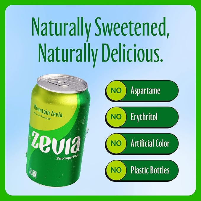 Zevia Zero Sugar Soda, Mountain Zevia, 12 oz Cans (24-Pack) – Naturally Sweetened, Non-GMO Project Verified, Gluten-Free, Vegan