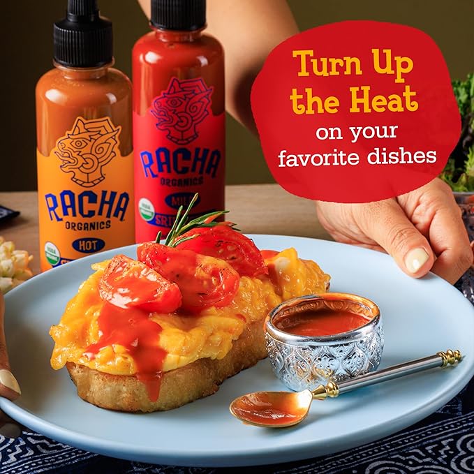 Racha Organics Medium Heat Sriracha Hot Sauce - USDA Organic Sriracha Sauce Made with Estate-Grown Thai Chili Peppers - Low-Sugar, Non-GMO, Gluten Free, Keto Friendly - 10oz - Made in Thailand