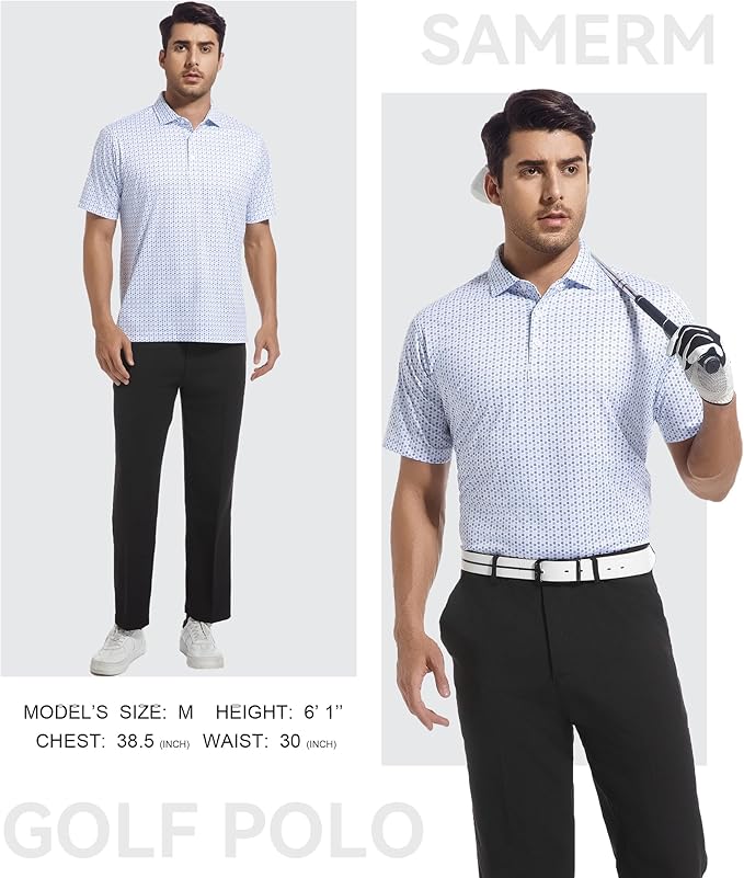 SAMERM Mens Golf Shirts Short Sleeve Dry Fit Performance Moisture Wicking Print Sport Polo Shirts for Men Casual