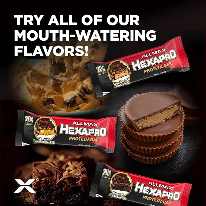 ALLMAX HEXAPRO PROTEIN BAR, Chocolate Fudge Brownie - Pack of 12 - High-Protein Energy Snack - 20 g of Protein Per Bar - With Whey Protein Isolate