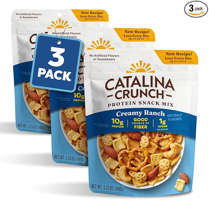 Catalina Crunch Protein Snack Mix | 10g Protein, 1g Sugar per Serving | Good Source of Fiber, Keto, Gluten Free | Creamy Ranch, 5.25 Ounce Bag (Pack of 3) - Packaging May Vary