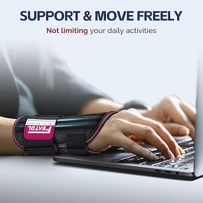 FEATOL 2 Pack Carpal Tunnel Wrist Brace For Work With Wrist Splint, 6.5'' Wrist Brace Night Support For Women Men, Pain Relief For Tendonitis, Arthritis, Pregnancy, Typing, Right and Left Hand, Large