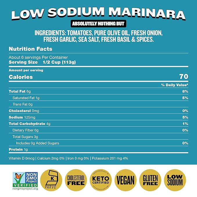 Hoboken Farms Low Sodium Marinara Sauce - Keto Certified, No Sugar Added, Non GMO Project Verified, Plant Based, and Paleo Friendly! (25 Fl Oz, Pack of 2)