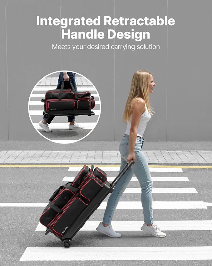 VEVOR Bowling Ball Bag, 3 Ball Double Roller Bowling Bag with Wheels, Featuring a Separate Compartment for Shoes (Up To US Size 16) & Oversized Accessory Pocket, Retractable Handle Extends to 41.34 in