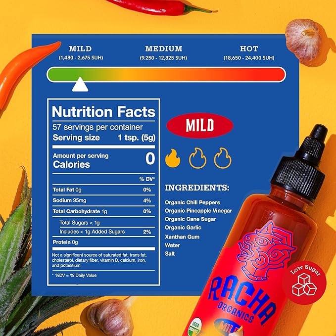 Racha Organics Mild Sriracha Hot Sauce - USDA Organic Sriracha Sauce Made with Estate-Grown Thai Chili Peppers - Low-Sugar, Non-GMO, Gluten Free, Keto Friendly - 10oz - Made in Thailand