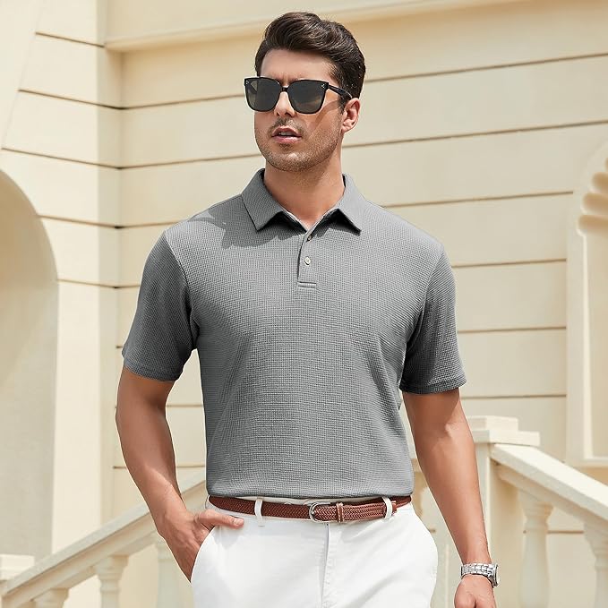 WARHORSEE Golf Polo Shirts for Men Short Sleeve Wrinkle Free 4 Way Stretch Moisture Wicking Performance Collared Tshirts