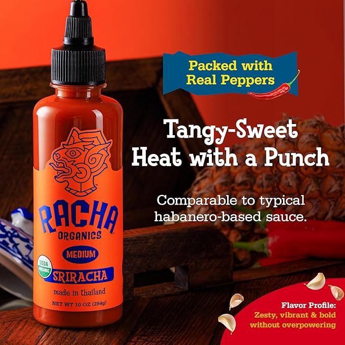 Racha Organics Medium Heat Sriracha Hot Sauce - USDA Organic Sriracha Sauce Made with Estate-Grown Thai Chili Peppers - Low-Sugar, Non-GMO, Gluten Free, Keto Friendly - 10oz - Made in Thailand