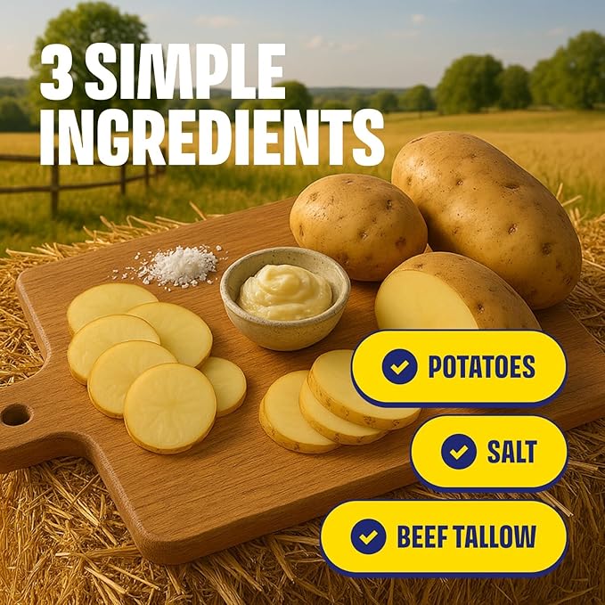 Tasty Nate’s Beef Tallow Potato Chips - Original Sea Salt, Fried in 100% Beef Tallow - Seed Oil Free Chips, Paleo Snacks for Adults, 7oz Bag - Pack of 4