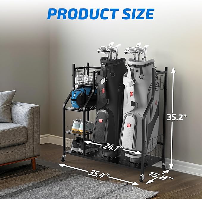 PLKOW Golf Bag Storage Garage Organizer, Extra Large Size Golf Bag Storage Stand and Golf Equipment Rack for Garage,Shed, Basement