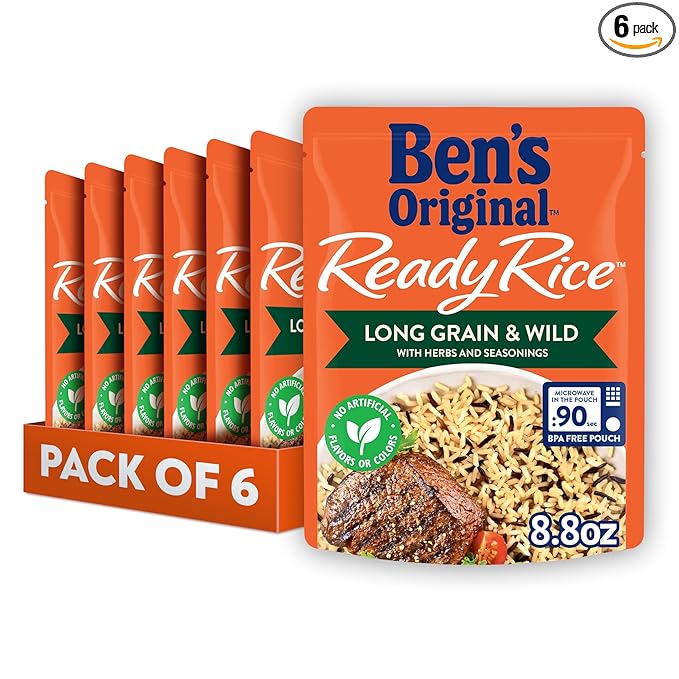 BEN'S ORIGINAL Ready Rice Long Grain and Wild Flavored Rice, Easy Dinner Side, 8.8 oz Pouch (Pack of 6)