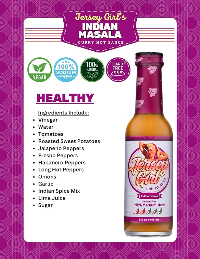 Jersey Girl Indian Masala Habanero Hot Sauce 5oz | Keto Friendly | No Added Salt, Naturally Sodium Free | Flavors of Curry, Coriander, & Cumin