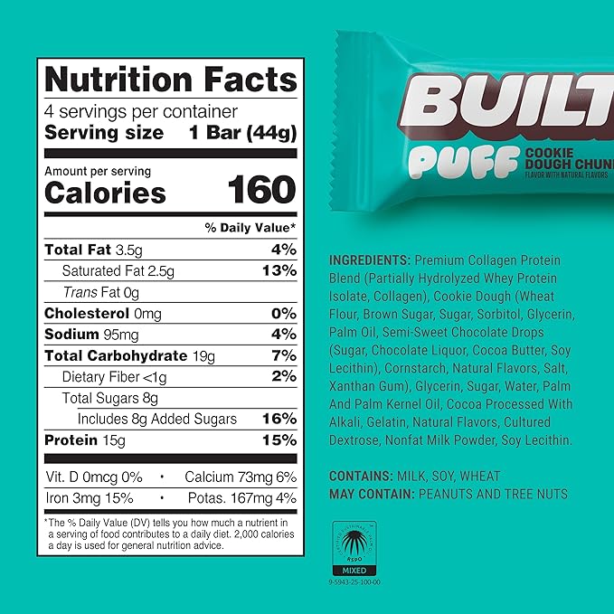 Built Bar, Puff Protein Bars, Cookie Dough Chunk Puff, 15g Protein Snacks, On-The-Go Bars, Only 160 Calories, 8g Sugar, Collagen, Not Gluten Free, 12 Count