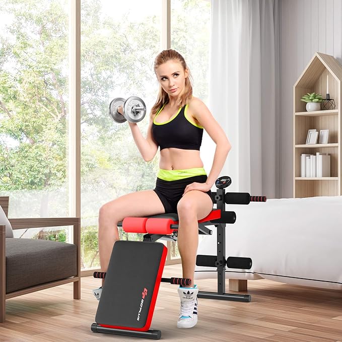 Goplus 6 in 1 Adjustable Sit Up Bench, Foldable Utility Weight Bench w/LCD Monitor, Flat/Incline/Decline Exercise Multi-Purpose Bench for Home, Gym and Office