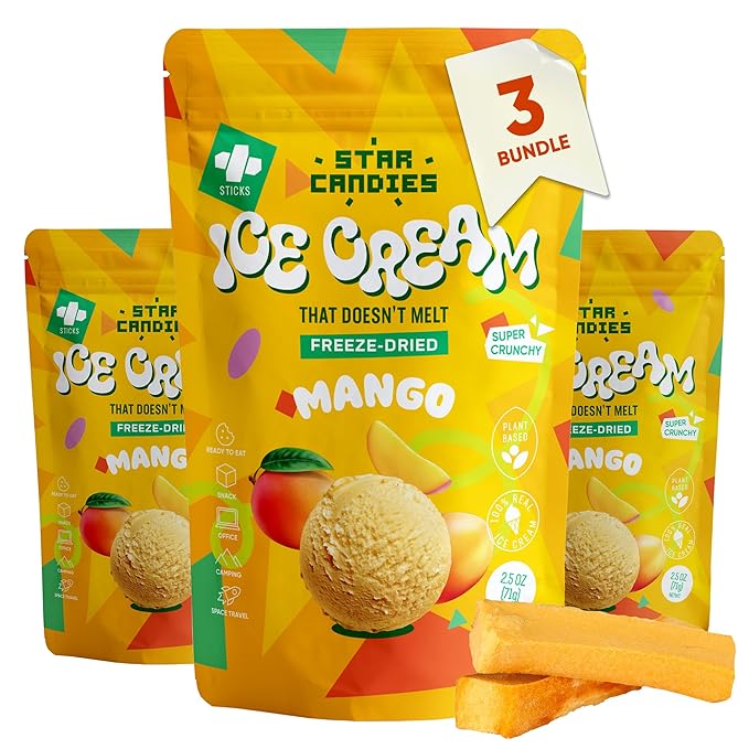 Star Candies Freeze Dried Mango Ice Cream | No Melting Freeze Dried Candy | Crunchy & Delicious Camping Food | Premium Astronaut Ice Cream loved by Kids and Adults | Space and Astronaut Snack | Gift Set for Birthday or Party (7.5 oz; 3 pack)