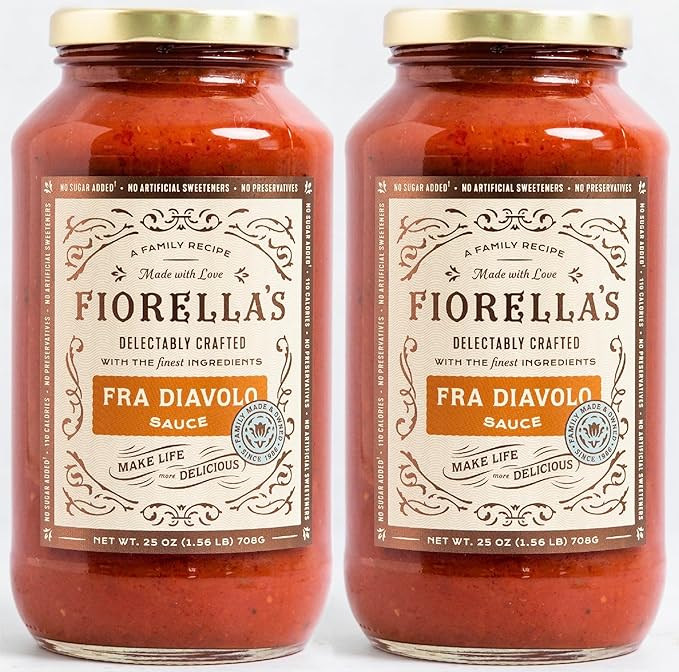 Fiorella's Fra Diavolo, Arrabbiata Sauce - Tomato Sauce Made with Fresh Ingredients - No Sugar Added, No Preservatives Added, No Artificial Sweeteners, Pasta Sauce, 25 Oz (Pack of 2)