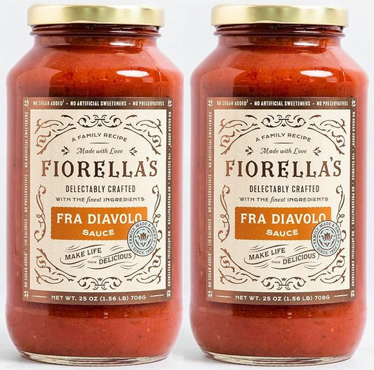 Fiorella's Fra Diavolo, Arrabbiata Sauce - Tomato Sauce Made with Fresh Ingredients - No Sugar Added, No Preservatives Added, No Artificial Sweeteners, Pasta Sauce, 25 Oz (Pack of 2)