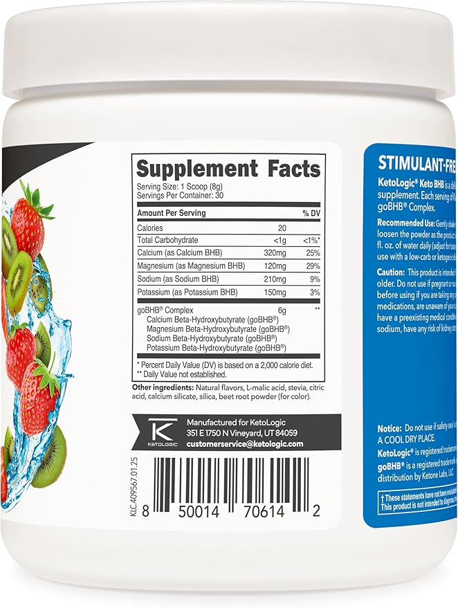 Ketologic Keto BHB (Strawberry Kiwi Flavor) 30 Servings - Exogenous Ketone Supplement with goBHB, Beta-Hydroxybutyrate Salts