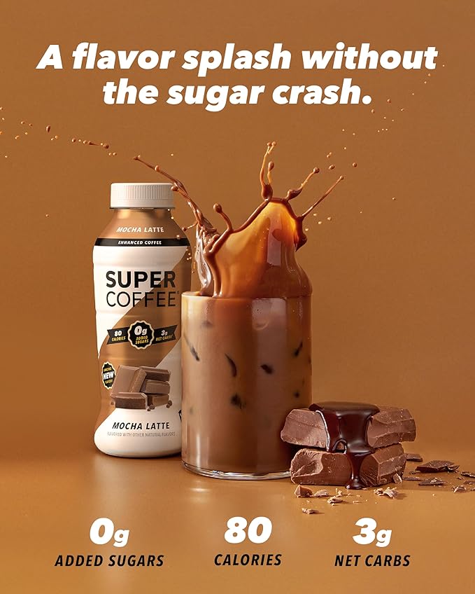 SUPER COFFEE, Keto Protein Coffee (0g Added Sugar, 10g Protein, 70 Calories) [Mocha] 12 Fl Oz, 12 Pack | Iced Smart Coffee Drinks