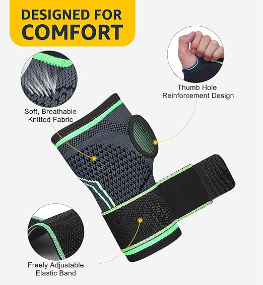 HiRui 2-Pack Wrist Brace Wrist Wraps, Hand Compression Sleeves with Wrist Straps Support for Fitness Weightlifting MTB Tendonitis Carpal Tunnel Arthritis Pain Relief (Green, Medium)