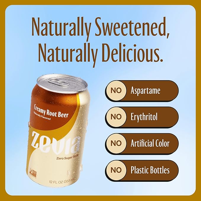Zevia Zero Sugar Soda, Creamy Root Beer, 12 oz Cans (24-Pack) – Naturally Sweetened, Non-GMO Project Verified, Gluten-Free, Vegan