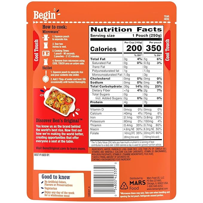 BEN'S ORIGINAL Ready Rice Original Long Grain White Rice, Easy Dinner Side, 8.8 oz Pouch (Pack of 6)