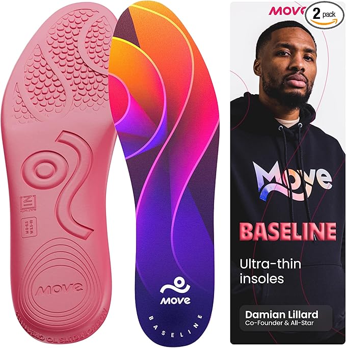 MOVE Baseline - All-Purpose Insoles - Sock Liner - Ultra Thin Shock Absorption - Maximum Freedom of Movement and Energy Return for Cleats, Shoes, Running, Basketball, Baseball (M7-7.5/WM 8.5-9)