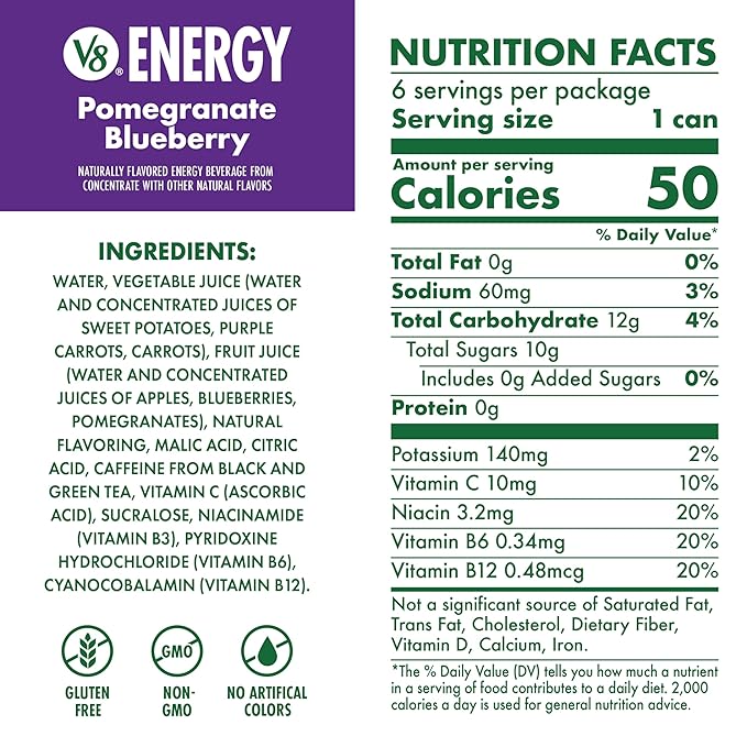 V8 +Energy Pomegranate Blueberry Juice Energy Drink, 8 fl oz Can (6 Pack)