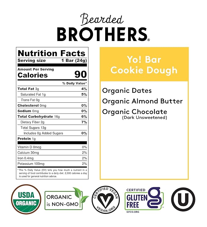 Yo! Bar by Bearded Brothers Vegan Organic Kids Bar, Cookie Dough (25 Bars) - Gluten Free, Paleo and Whole 30 | Soy Free, Non-GMO, Low Glycemic, No Sugar Added, Fiber + Whole Foods