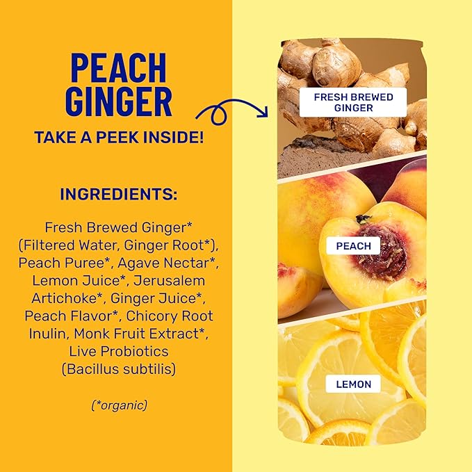 wildwonder Sparkling Probiotic Drink 12pk, For Gut Health & Immune Support, Peach Ginger, 5g Prebiotic Fiber, Live Probiotics, Organic, Vegan, Low Sugar, 12 Pack, 12oz Can, As Seen on Shark Tank