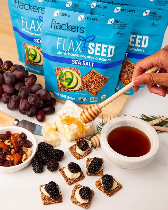 Flackers Organic Sea Salt Flaxseed Crackers, 5 Ounce 12-Pack, Gluten Free, Non GMO, Vegan, Keto Snack, 9g Fiber, 1g Net Carb