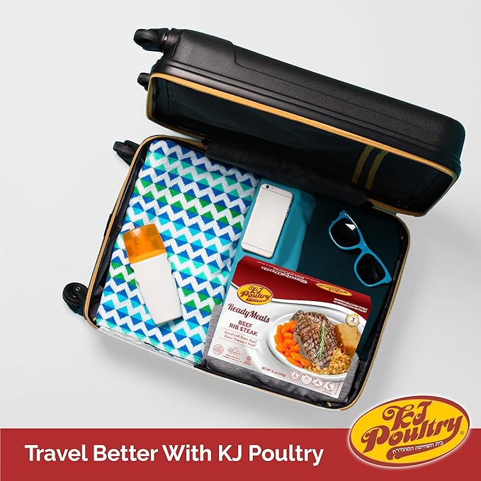 KJ Poultry Kosher Ready Meals - Beef Rib Steak & Kugel, MRE Meat Meals Ready to Eat, Shabbos Food (12 Pack) Prepared Entree Fully Cooked, Shelf Stable Microwave Dinner Travel Military Camping Survival