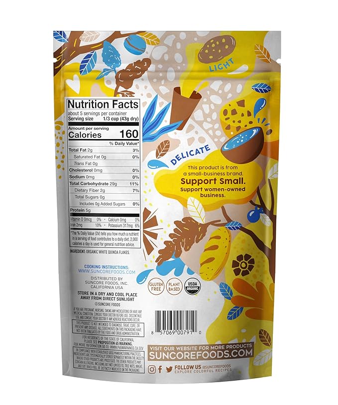 Suncore Foods Organic Snow Quinoa Flakes, Gluten-Free, Non-GMO, 8oz (1 Pack)