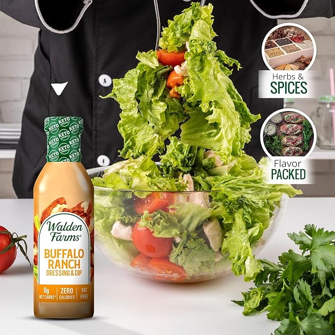 Walden Farms Buffalo Ranch Dressing & Dip – Calorie-Free, Gluten-Free, Low Carb, Keto-Friendly, Sugar-Free, Fat-Free, Dairy-Free Spicy Buffalo Ranch Flavor – 12 oz Bottle
