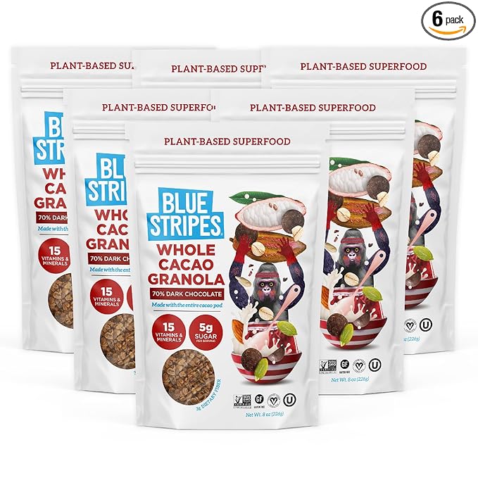Blue Stripes Whole Cacao Granola - Gluten Free 70% Dark Chocolate Granola for Cereal, Oatmeal, Yogurt, 5g Protein Per Serving, Source of Fiber, Vegan, Low Sugar - Dark Chocolate, 8 oz Bag (6 Pack)