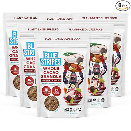 Blue Stripes Whole Cacao Granola - Gluten Free 70% Dark Chocolate Granola for Cereal, Oatmeal, Yogurt, 5g Protein Per Serving, Source of Fiber, Vegan, Low Sugar - Dark Chocolate, 8 oz Bag (6 Pack)