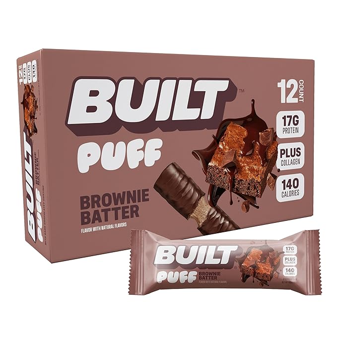 Built Bar, Puff Protein Bars, Brownie Batter Puff, 17g Protein Snacks, On-The-Go Bars, Only 140 Calories, 6g Sugar, Collagen, Gluten Free, 12 Count