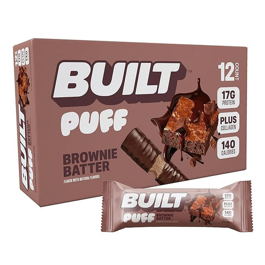 Built Bar, Puff Protein Bars, Brownie Batter Puff, 17g Protein Snacks, On-The-Go Bars, Only 140 Calories, 6g Sugar, Collagen, Gluten Free, 12 Count
