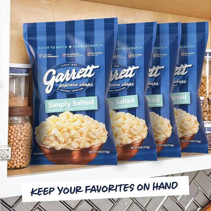 Garrett Popcorn Simply Salted, 4.0oz, 4 Bags, Light Salty Snack, Vegan, Gluten Free, Only 3 Ingredients, Popped Popcorn Bags
