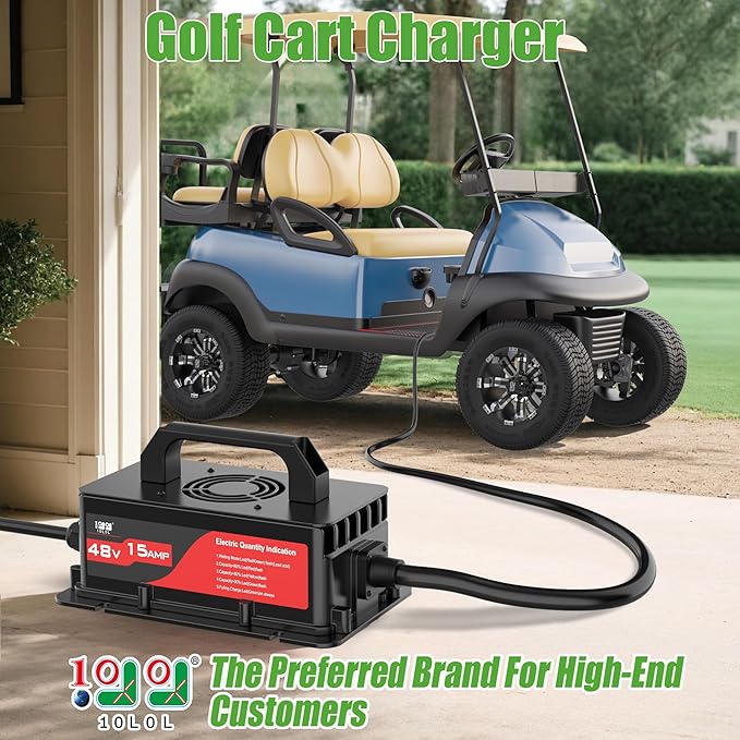 10L0L Club-Car-DS Charger 48V 15A 3-Pin Round Plug Golf Cart Rapid Charger - IP68 Waterproof, Auto Shut-Off, Smart Cooling, Aluminum Housing, Charging Indicator (Black)