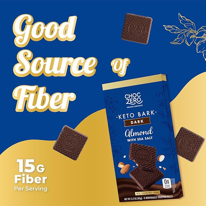ChocZero Keto Bark, Dark Chocolate Almonds with Sea Salt, Sugar Free, Low Carb, No Sugar Alcohols, No Artificial Sweeteners, All Natural, Non-GMO, 3.2 Ounce (Pack of 4)