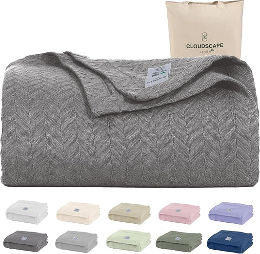 Cloud Scape Linen 100% Cotton Blanket King Size for Bed – Lightweight Summer Blanket, Herringbone Weave,fits California King Size Bed, 92x108,Dark Grey