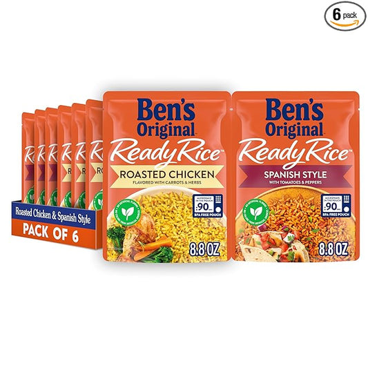 BEN'S ORIGINAL Ready Rice Roasted Chicken and Spanish Style Flavored Rice Variety Pack, Easy Dinner Sides, 8.8 OZ Pouch (Pack of 6)