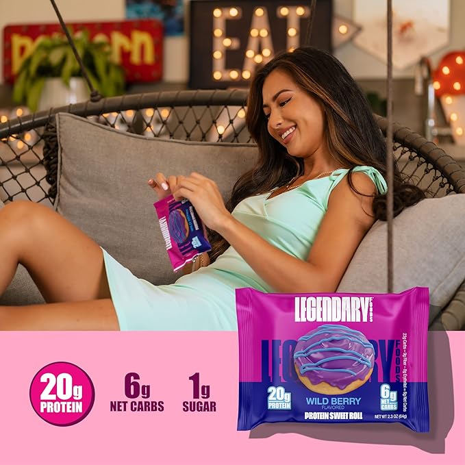 Legendary Foods 20g Protein Wild Berry Sweet Roll - Premium High Protien Bars, Low Carb Meal Replacement Snack, Low Glycemic Index, Gluten Free Snacks - Zero Sugar, Keto and Diabetic Friendly 10-Pack